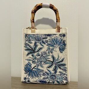 Elegant White and Blue Beaded Floral Rectangle Handbag with Gold Chain Strap